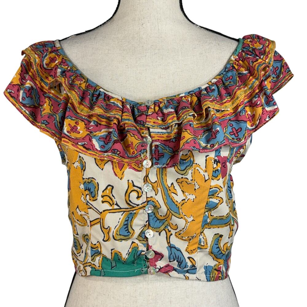 Rachel Zoe Medium Cropped Top Ruffled Button-Up Smocked Cap Sleeve Scoop Neck